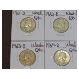 1961 D, 62 D, 63 D, 64 D WASHINGTON QUARTERS 90%