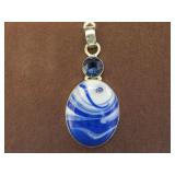 BLUE LACE AGATE & SAPPHIRE STAMPED 925 PENDANT