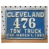 CLEVELAND TOW TRUCK PLATE DATED 1983