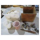 CONTAINER OF SAND DOLLARS, (2) FIRE KING MUGS,MISC