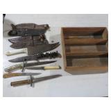 COLLECTION OF HANDMADE KNIVES,WOODEN TRAY,SHEATHS
