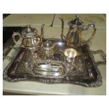 SILVER PLATED ORNATE COFFEE / TEA SET W/ TRAY
