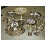 SILVER PLATED LG COMPOTES, SERVING TRAYS & MISC
