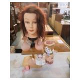 MANNEQUIN HEAD W/HAIR, PERFUME BOTTLES & HEAD VASE