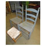 (2) COUNTRY LADDER BACK CHAIRS & FOOT STOOL