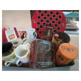 BOX OF ADVERTISING TINS, COFFEE MUGS & CHECKER