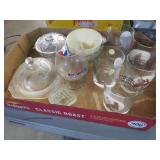 BOX OF VINTAGE GLASSWARE, BUTTER DISH & MISC