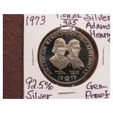 1973 1.08 OZ SILVER ADAMS-HENRY 92.5% GEM PROOF