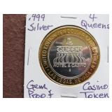 .999 SILVER 4 QUEENS CASINO TOKEN GEM PROOF
