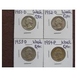 1951 D, 52 D, 53 D, 54 P WASHINGTON QUARTERS 90%