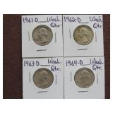 1961 D, 62 D, 63 D, 64 D WASHINGTON QUARTERS 90%