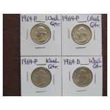 1964 P, 64 P, 64 P, 64 D WASHINGTON QUARTERS 90%