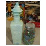 JAR OF MARBLES & DECANTER