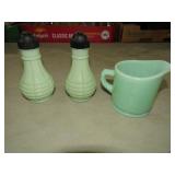 PAIR OF VINTAGE JADITE S&P SHAKERS & CREAMER