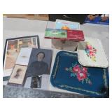 COLLECTION OF VINTAGE TRAYS, FONDU SET, OLD PHOTO