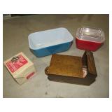 COLLECTION OF PYREX DISHES & METAL MATCH HOLDER