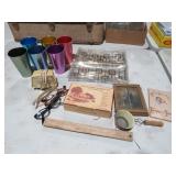 VINTAGE GLASS TRAY, ALUMINIUM CUPS & MISC
