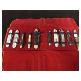 (10) ASSORTED USED USA KNIVES IN SNAP CASE
