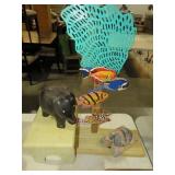 STOOL WOOD ELEPHANT, TURTLES & FISH