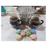 MAJOLICA MUGS, PORCELAIN VASE & HEART BOXES