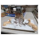 CERAMIC HANDMADE CAT & (2) DOGS SITTING ON MARBLE