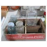 COKE CRATE, MASON JARS & GLASS JAR W/COVER