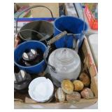 GRANITEWARE, COPPER POT, TEA POT, & MISC