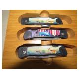 (3) SINGLE BLADE KNIVES IN WOOD TRAY W/ GLASS TOP