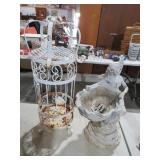 METAL BIRD CAGE & PLASTER BIRD BATH