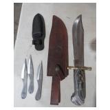 TIMBER RATTLER BOWIE KNIFE & (3) THROWING KNIVES