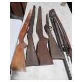 (4) WOOD GUN STOCKS, SHOTGUN BARREL & METAL SHEATH