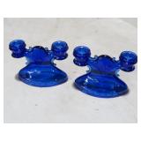 PAIR COBALT BLUE GLASS CANDLEHOLDERS