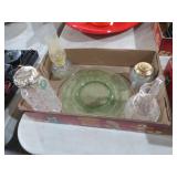 COLL. VTG CRUET, OIL LAMP , GRN PLATE & MISC
