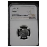 1943 LINCOLN STEEL CENT GRADED NGC MS65