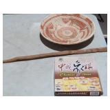 CHINESE CHESS SET , WOVEN BASKET, CARVED WOOD STIC