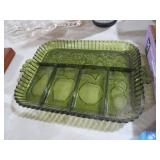 INDIANA GLASS GRN DIVIDED RELISH TRAY