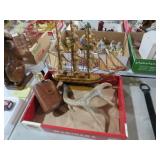 VTG WOOD SHIP, ANTLER,LEATHER FLASK