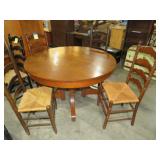 ANTIQUE OAK PEDESTAL TBL W/ (4) LADDER BACK CHAIRS