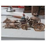 CAST IRON RIDER W/ HORSES & WATER BARREL