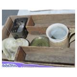 COLLECTION OF WOOD ADV BOXES, POTTERY MUG, MISC