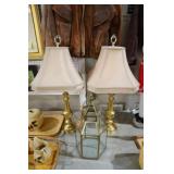 PAIR BRASS LAMPS & BRASS HURRICANE LAMP