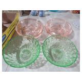 4 PC PINK/GREEN DEPRESSION GLASS BOWLS