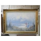 GOLD ORNATE FRAMED OIL ON CANVAS VTG BEACH SCENE