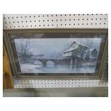 FRAMED HORSE & BUGGY CROSSING BRIDGE