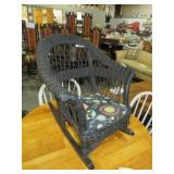 VTG CHILDS BLACK WICKER PADDED ROCKER