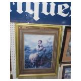 GOLD ORNATE FRAMED LITTLE GIRL W/ LAMBS