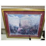 FRAMED ARTIST SIGNED CHURCH STEEPLE & TREE PRINT