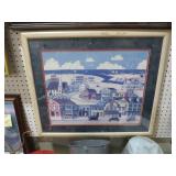 FRAMED STOREFRONT W/ ANTIQUE CARS OCEANFRONT SCENE