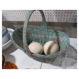 (2) CERAMIC OSTRICH EGGS WITH BASKET