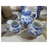 CERAM IC BLUE/ WHITE TEAPOT , SUGAR & CREAMER